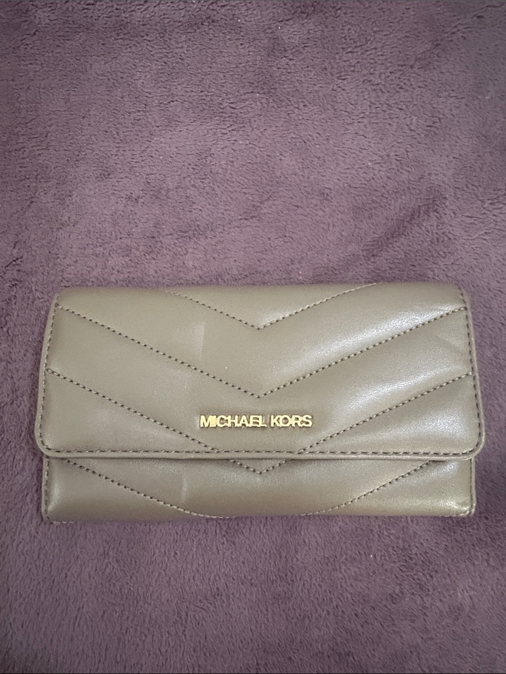 Michael Kors Olive Quilted Leather Fold-Over Wallet with Gold Logo